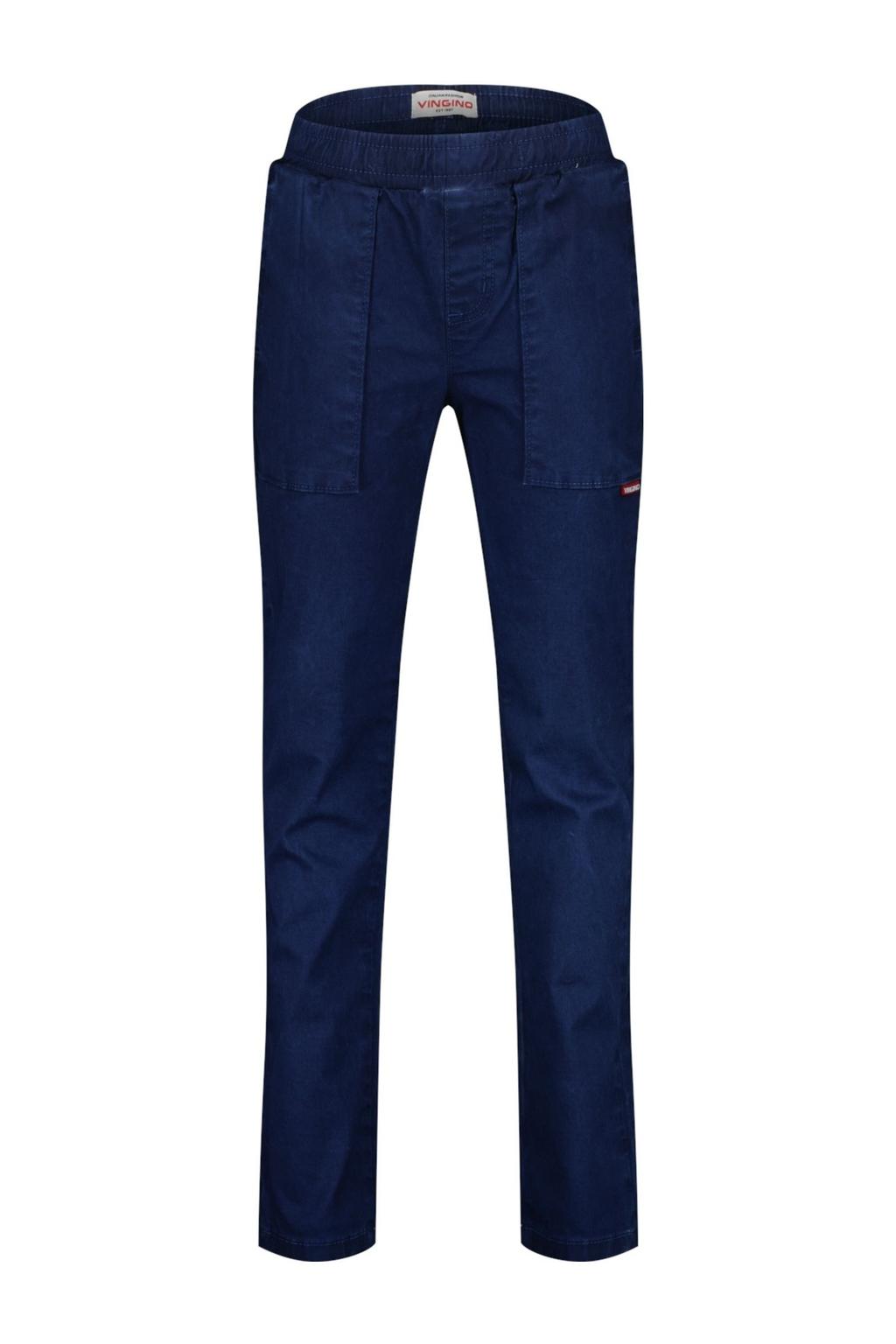 Blauwe jongens Vingino straight casual broek van stretchkatoen met regular waist, elastische tailleband en effen