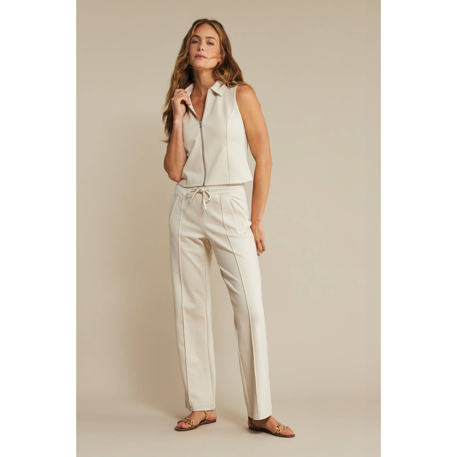 Red Button wide leg high waist pantalon beige gebreid