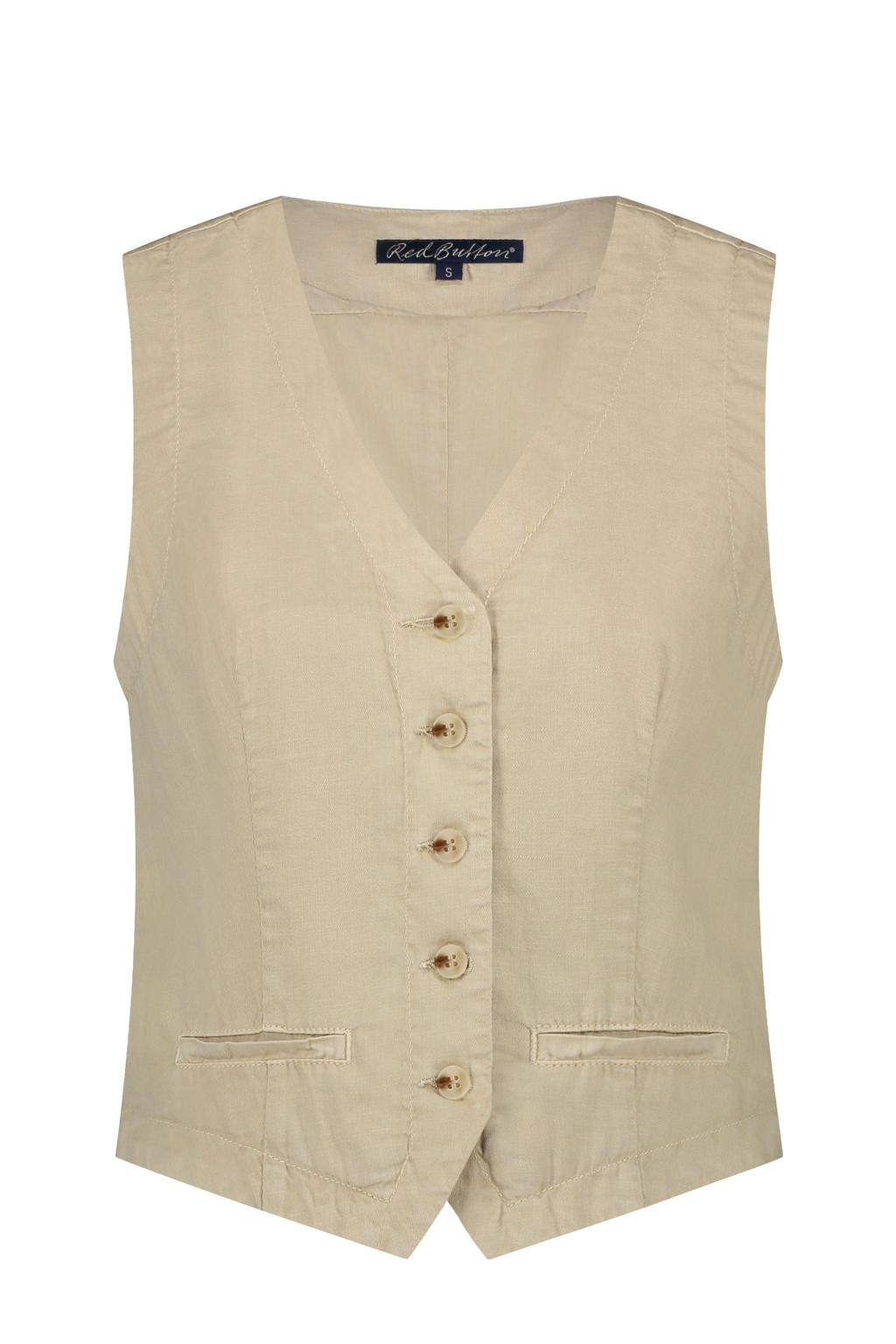 Zandkleurige dames Red Button gilet van linnen met effen, V-hals, knoopsluiting en geweven detail