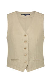 thumbnail: Zandkleurige dames Red Button gilet van linnen met effen, V-hals, knoopsluiting en geweven detail