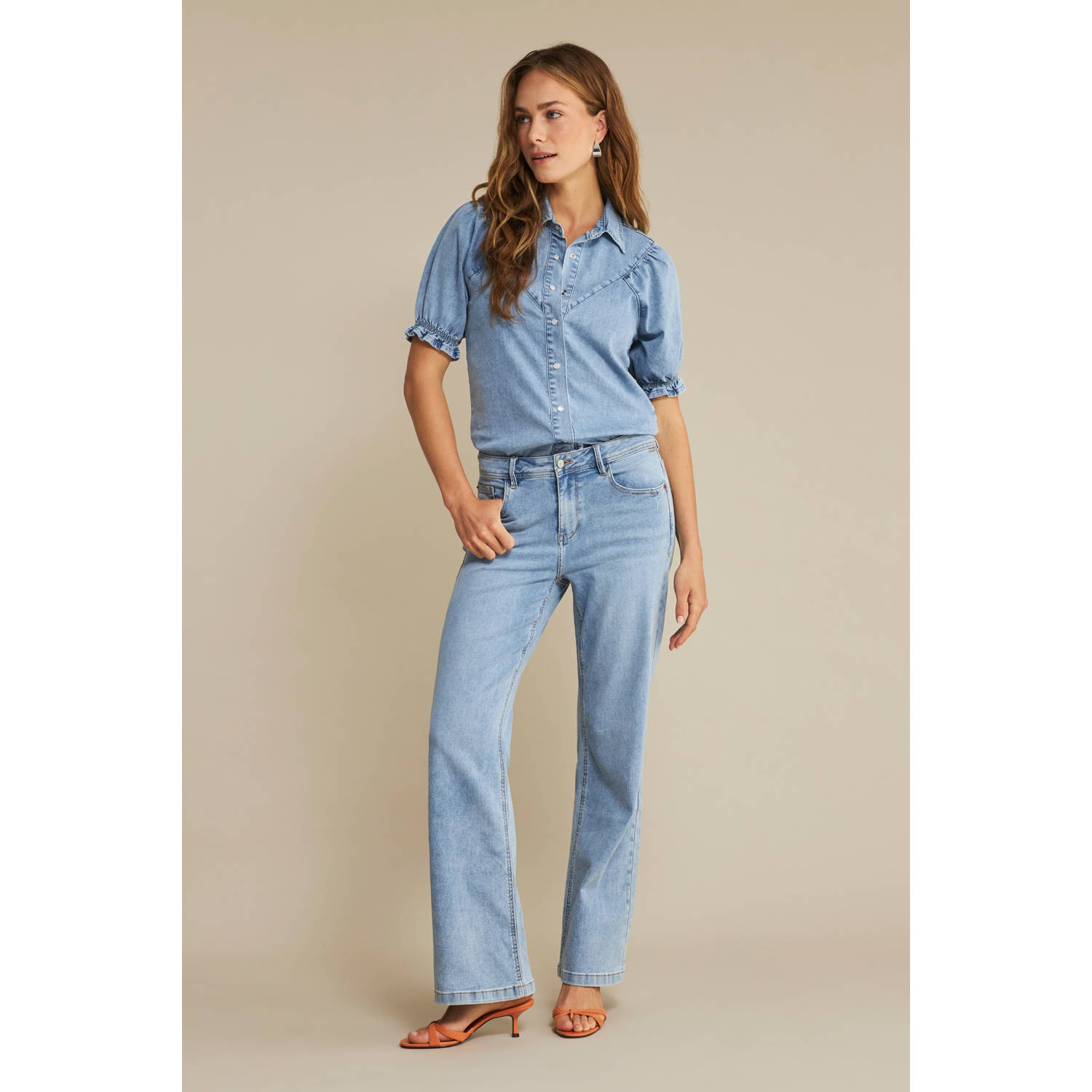Red Button Victoria Blouse Lange Mouw Licht Steen Blue Dames