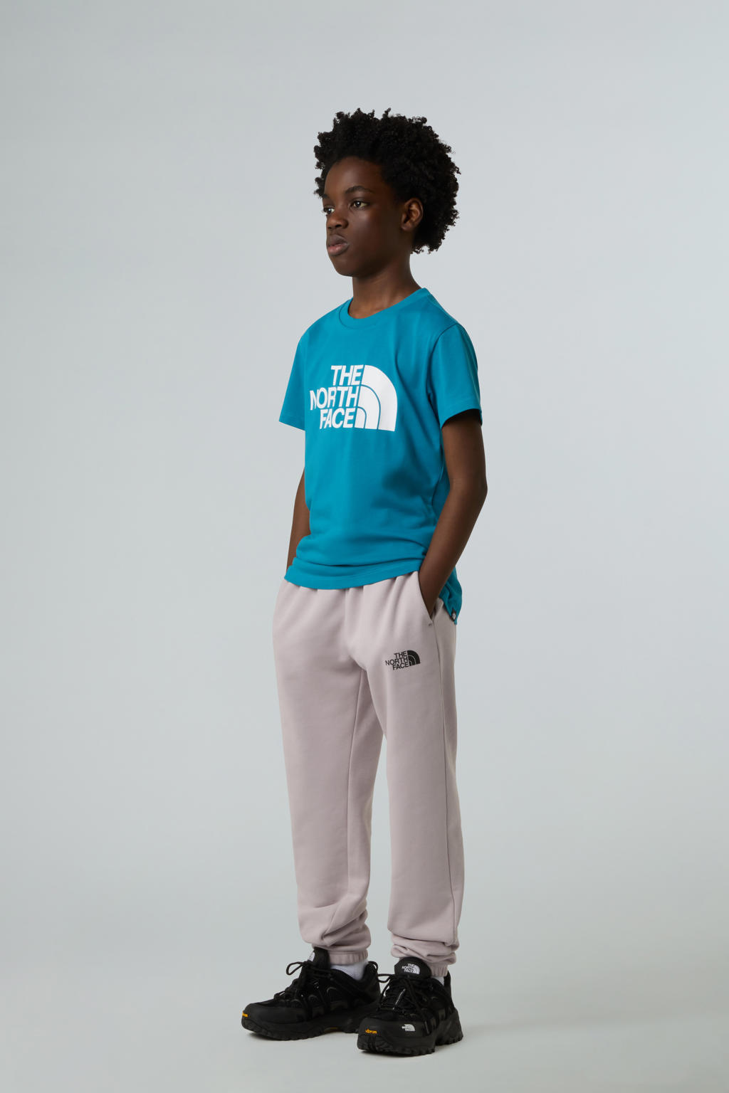 Turquoise en witte jongens The North Face T-shirt Easy van katoen met printopdruk, korte mouwen en ronde hals