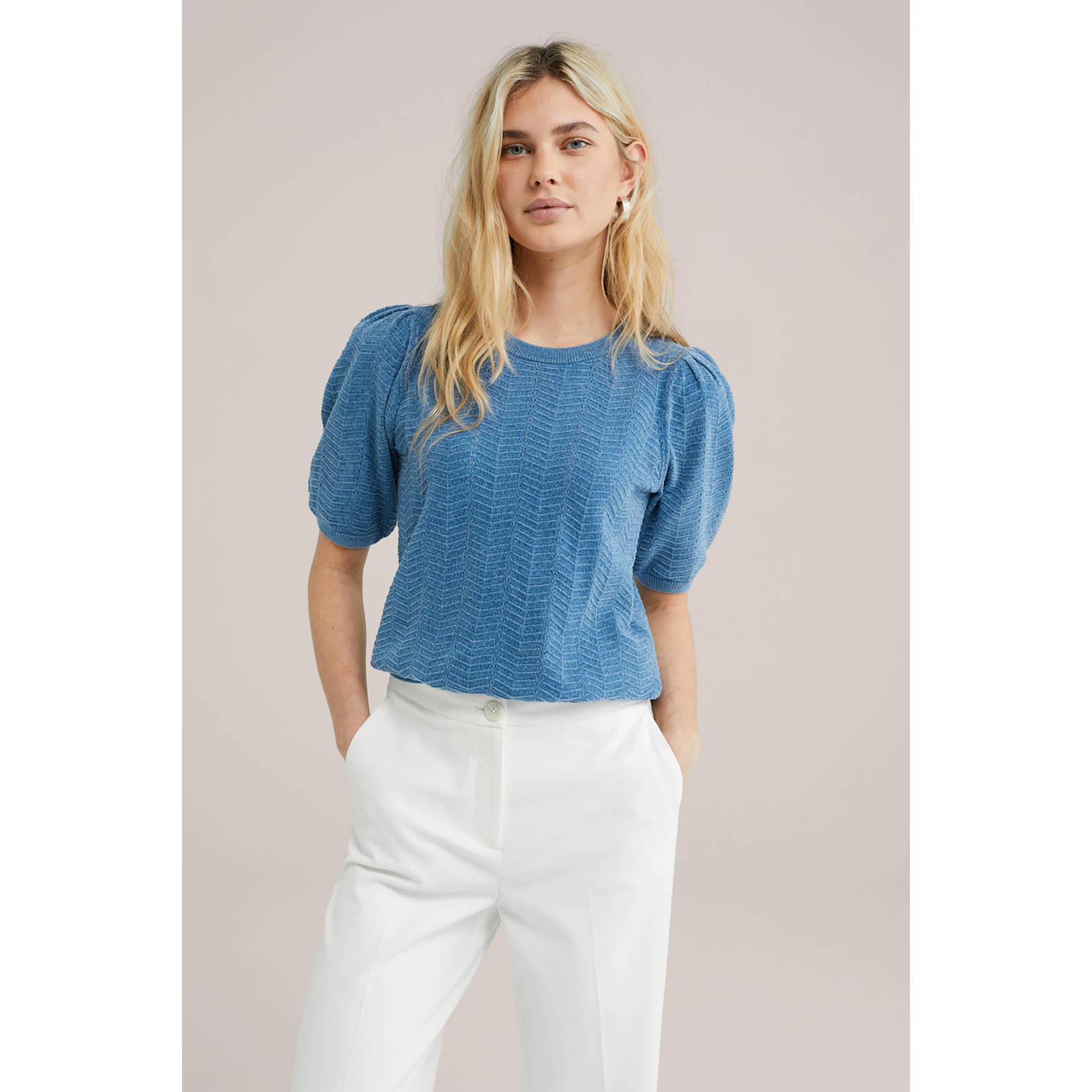 WE Fashion trui met opengewerkt dessin blauw