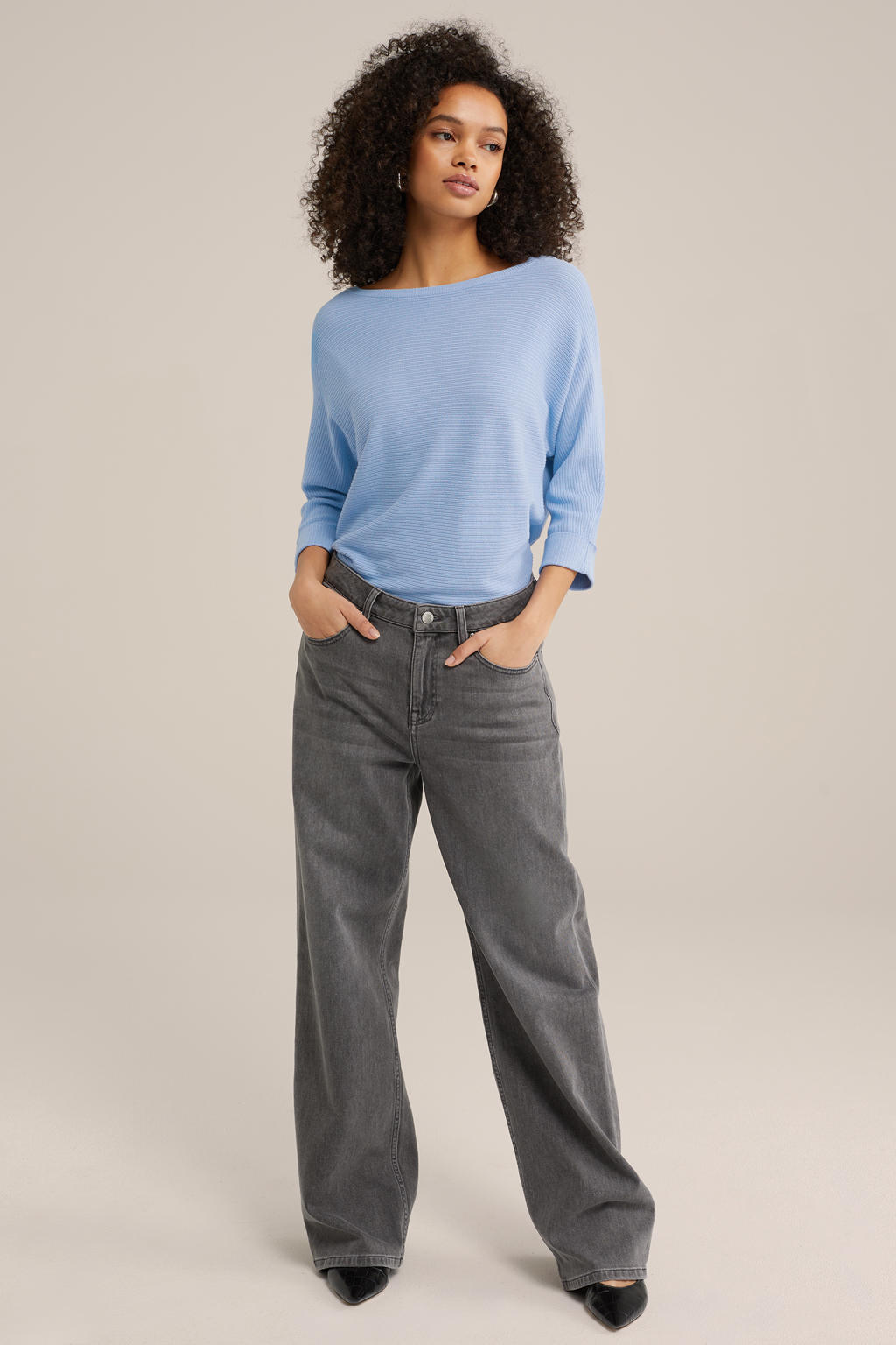 Lichtblauwe dames WE Fashion pullover van viscose met effen, driekwart mouwen, boothals en ingebreide details