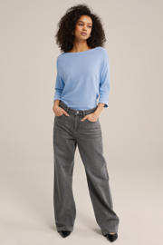 thumbnail: Lichtblauwe dames WE Fashion pullover van viscose met effen, driekwart mouwen, boothals en ingebreide details