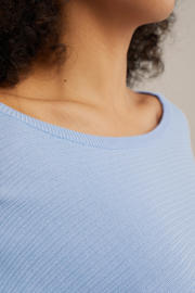 thumbnail: Lichtblauwe dames WE Fashion pullover van viscose met effen, driekwart mouwen, boothals en ingebreide details