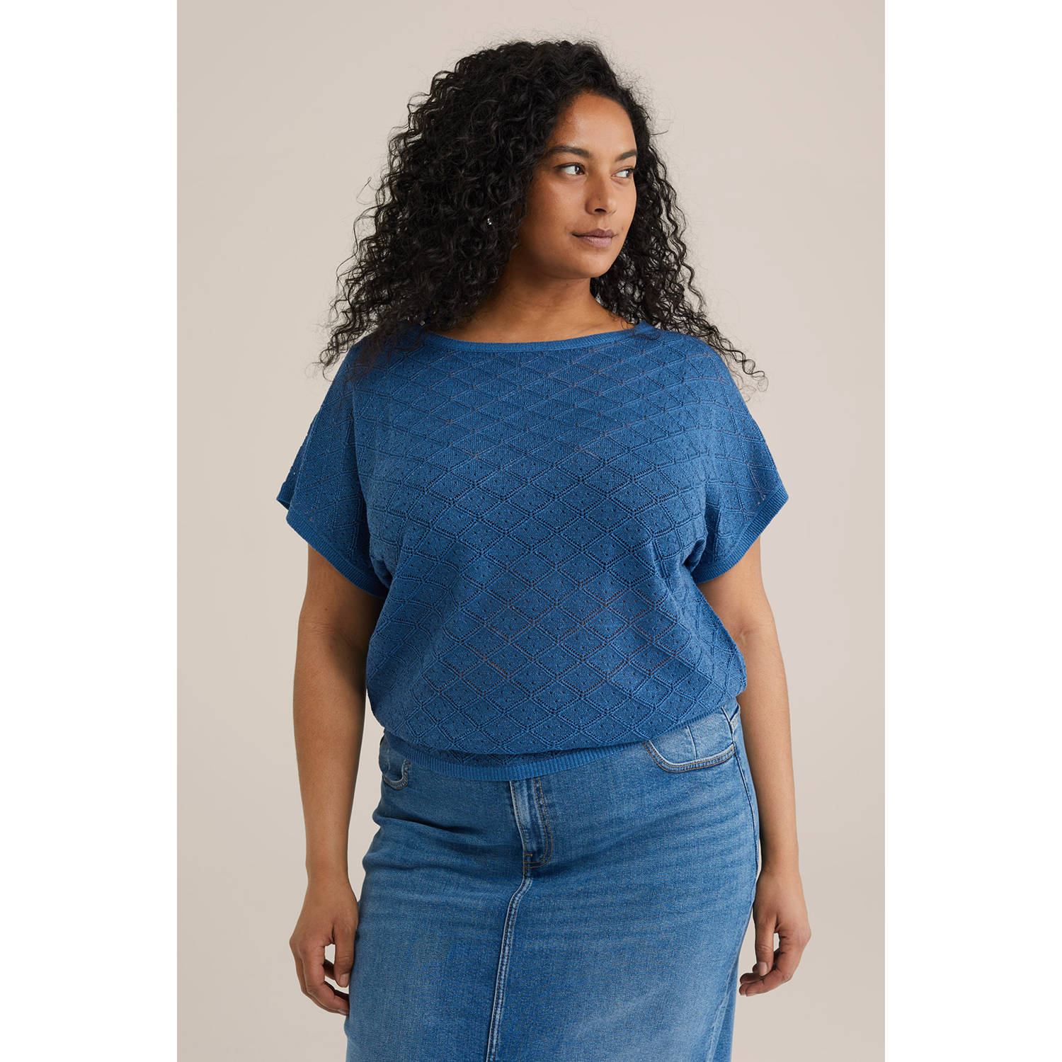 WE Fashion Curve top blauw fijn gebreid