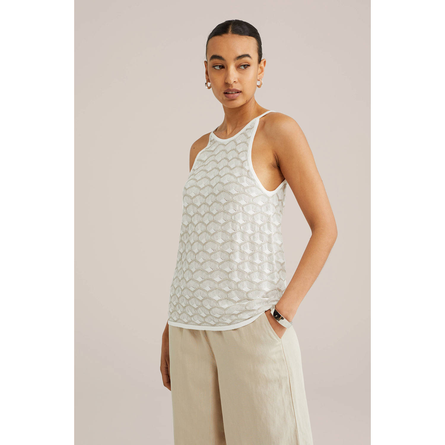 WE Fashion haltertop ecru fijn gebreid