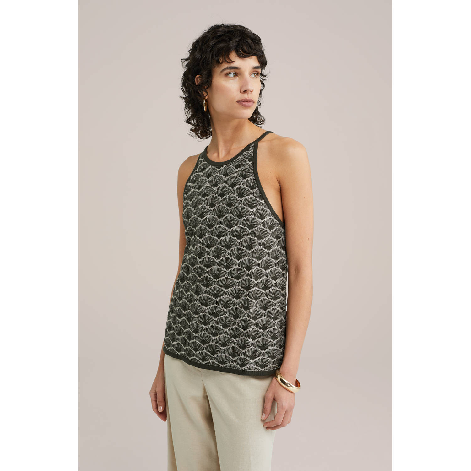 WE Fashion haltertop kaki fijn gebreid