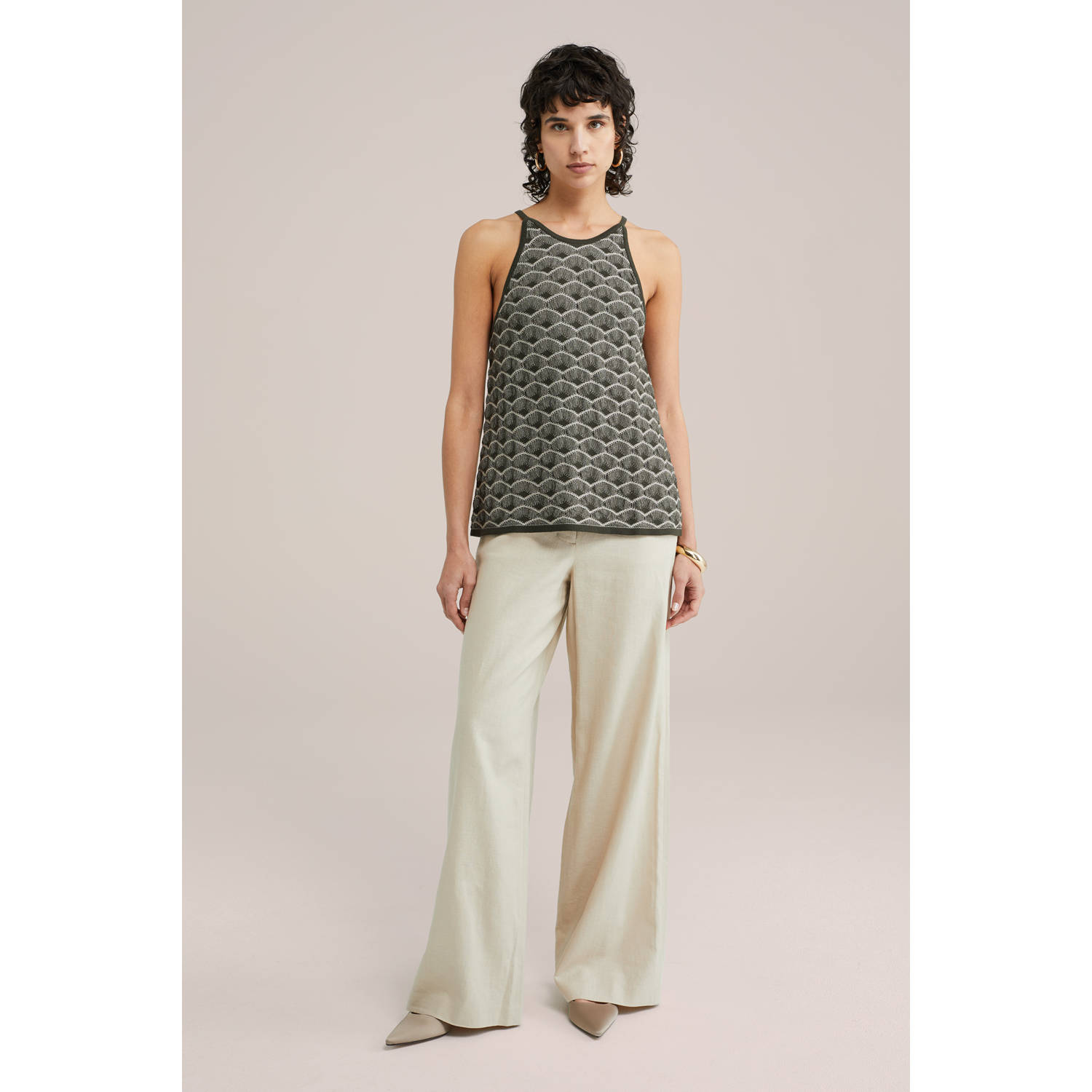 WE Fashion haltertop kaki fijn gebreid
