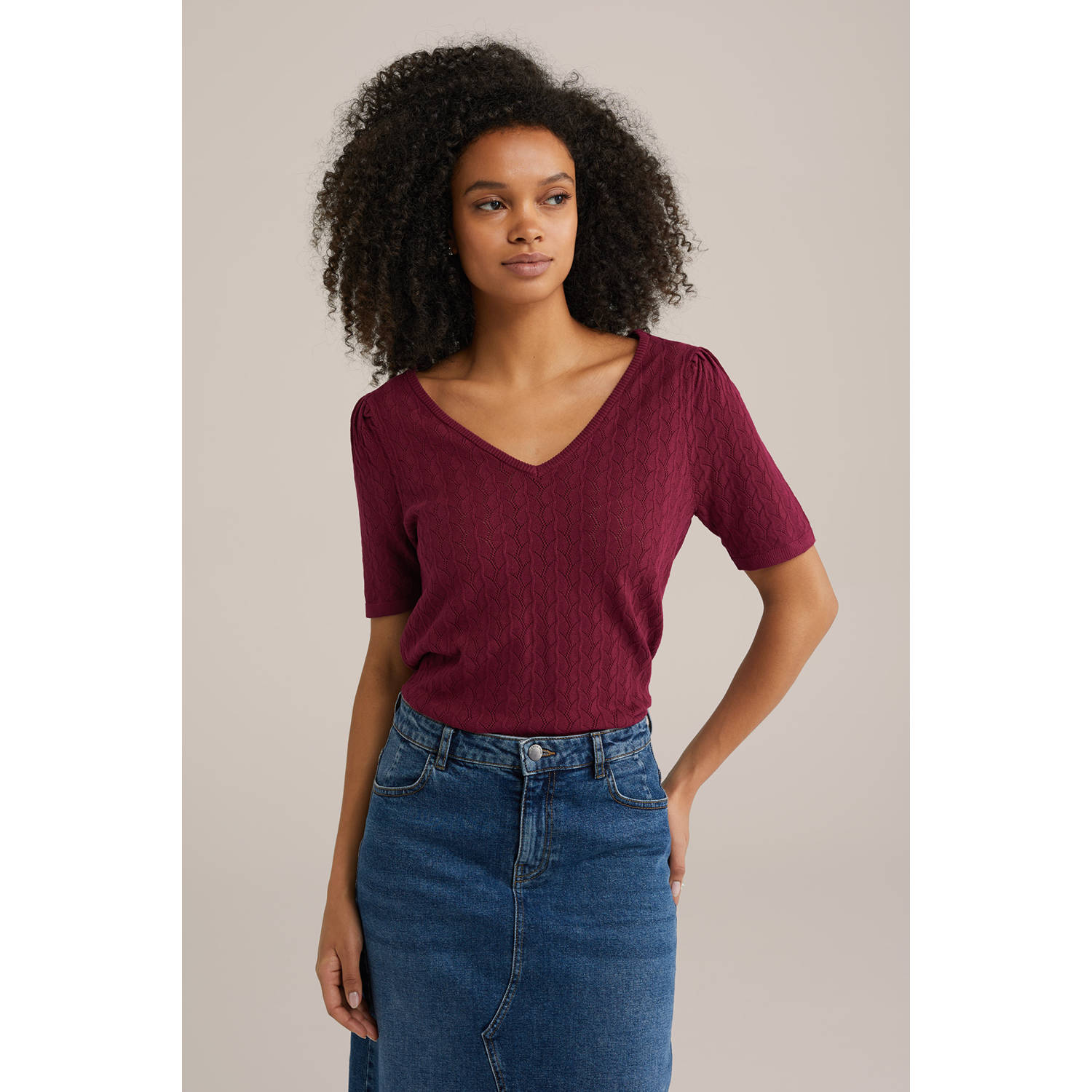 WE Fashion top donkerrood fijn gebreid