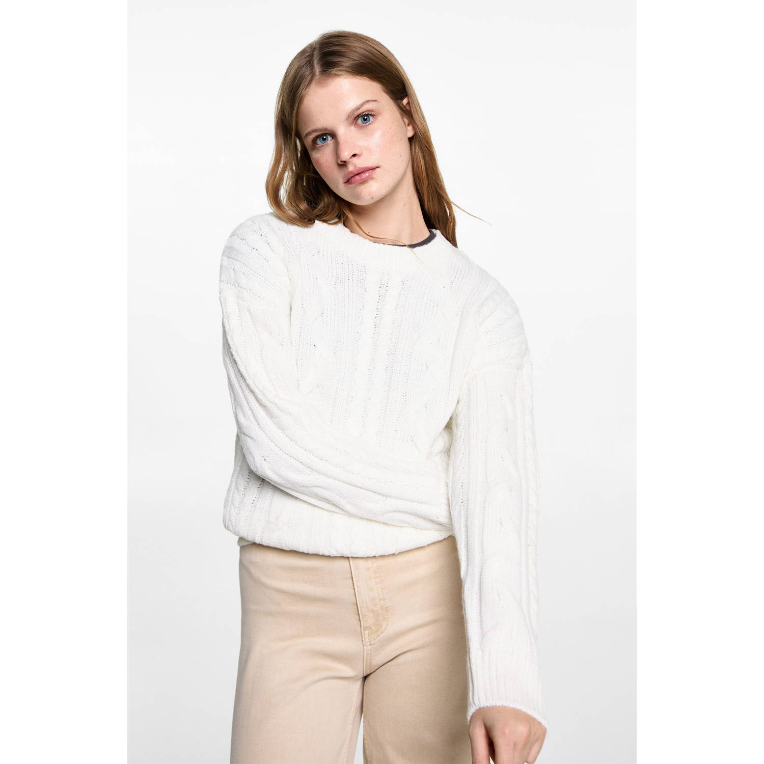 MANGO TEEN gebreide trui wit met kabels