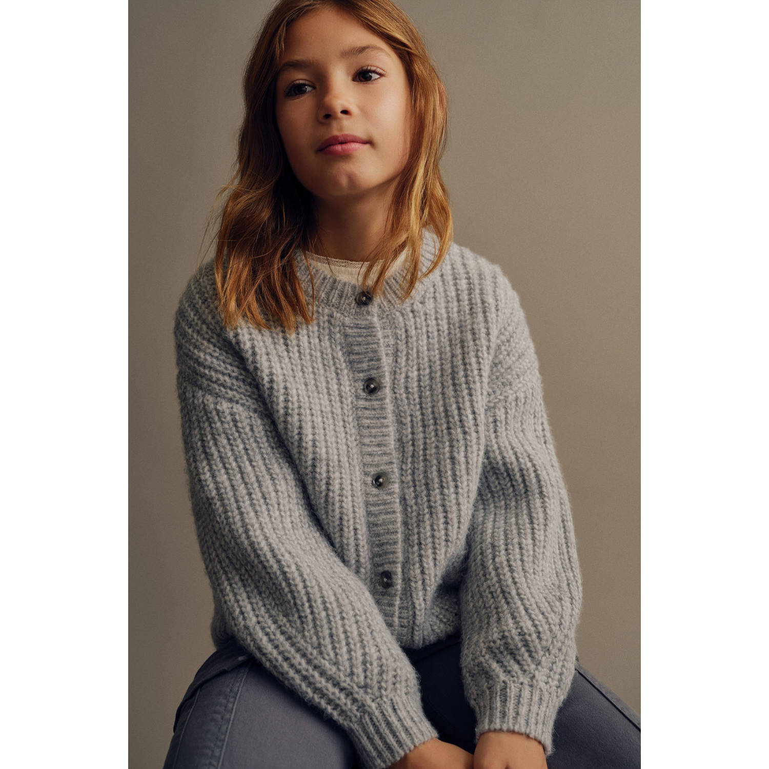 Mango Kids vest grijs grof gebreid