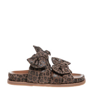 leren slippers met panterprint en strikjes bruin