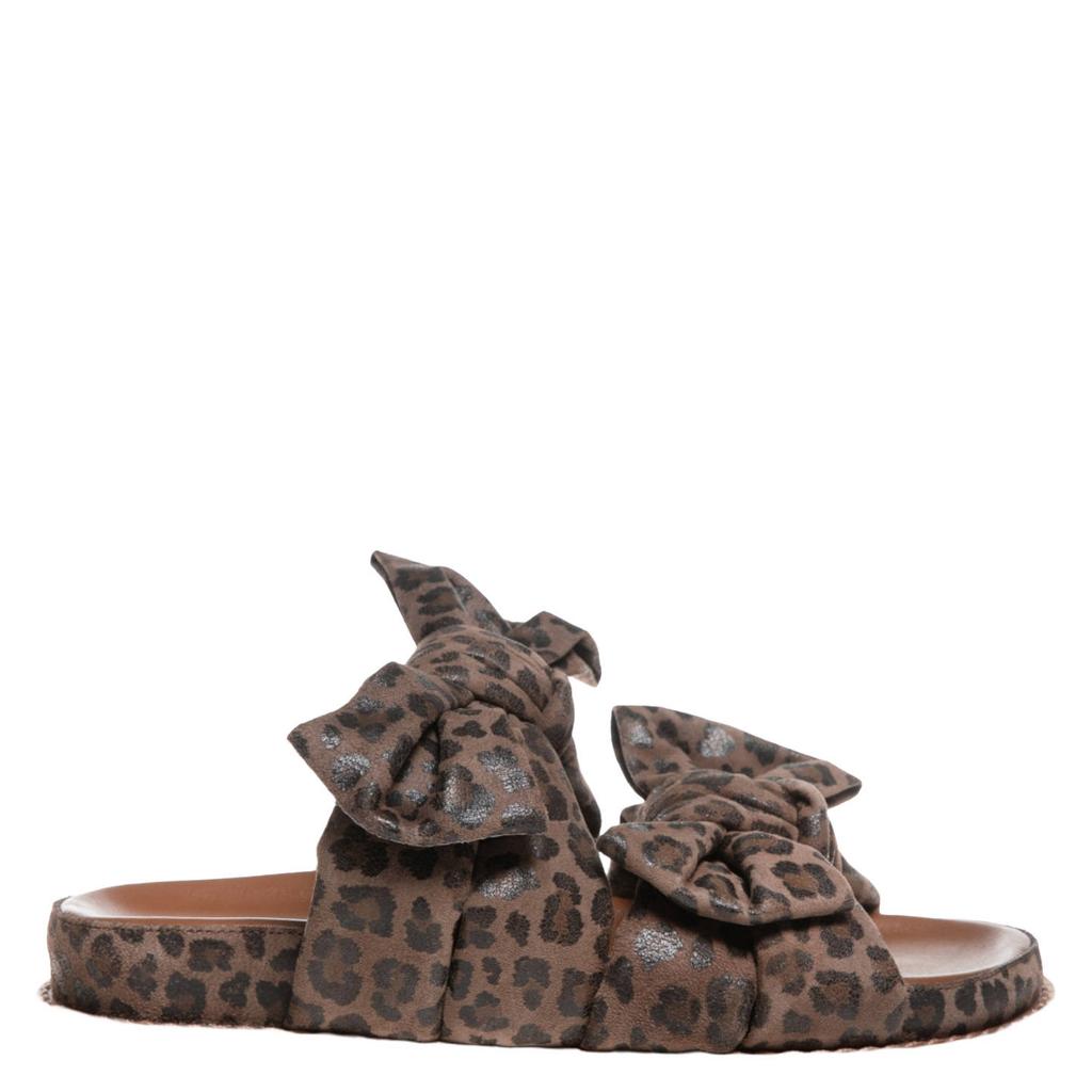 Bruine dames Copenhagen Shoes leren slippers en strikjes met panterprint
