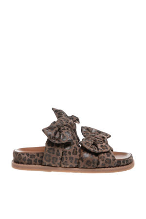 leren slippers met panterprint en strikjes bruin