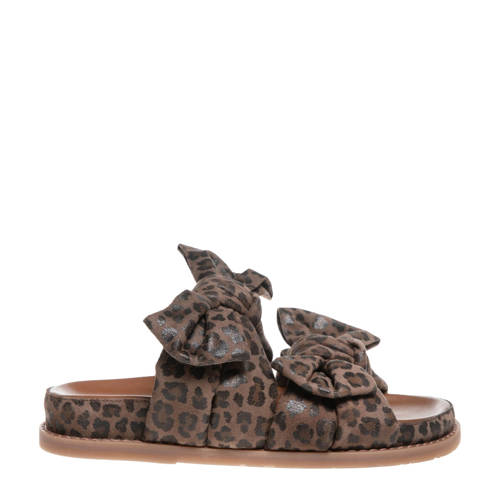 Copenhagen Shoes leren slippers met panterprint en strikjes bruin