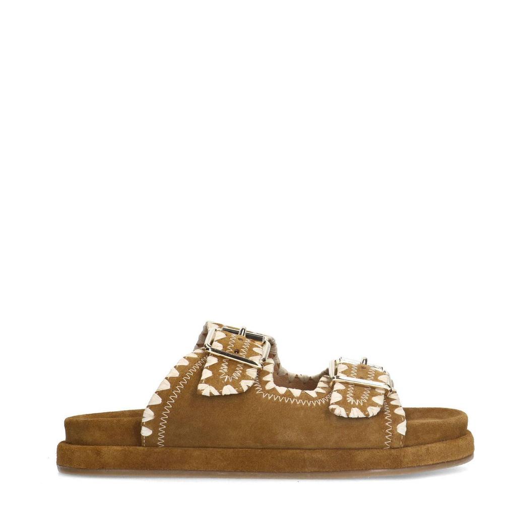 Cognackleurige dames Manfield suède slippers met gesp