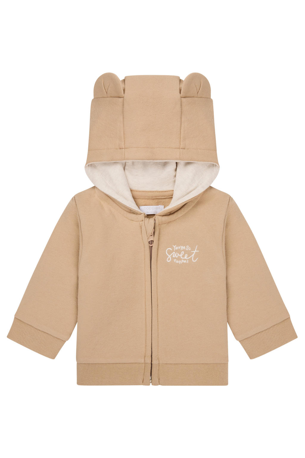 Lichtbruin en ecru jongens en meisjes Noppies baby sweatvest van katoen met effen, lange mouwen, capuchon en ritssluiting