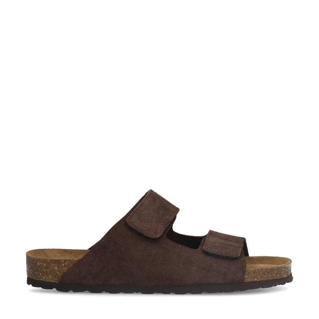 Bruine heren Manfield suède slippers met klittenband en effen
