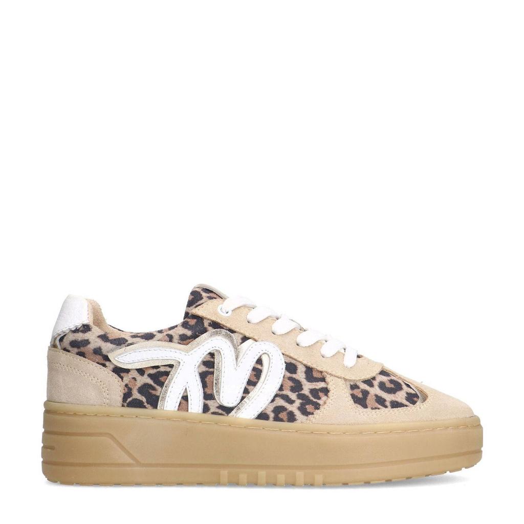 Beige dames Manfield leren sneakers panter met veters