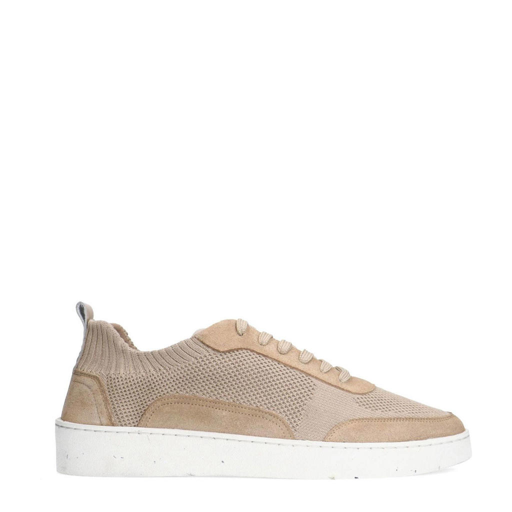 Beige heren Manfield sneakers van textiel met veters en effen