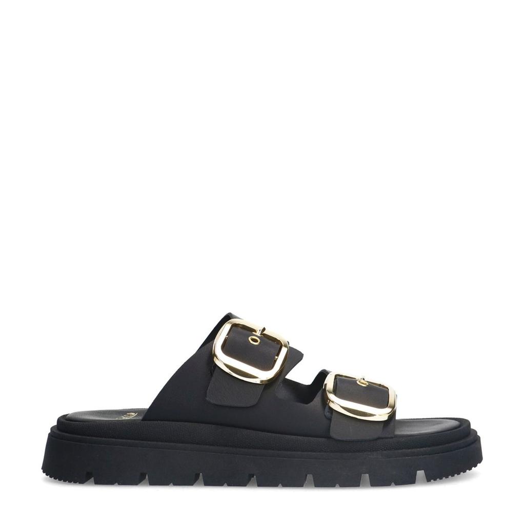Zwarte dames Manfield leren slippers met gesp