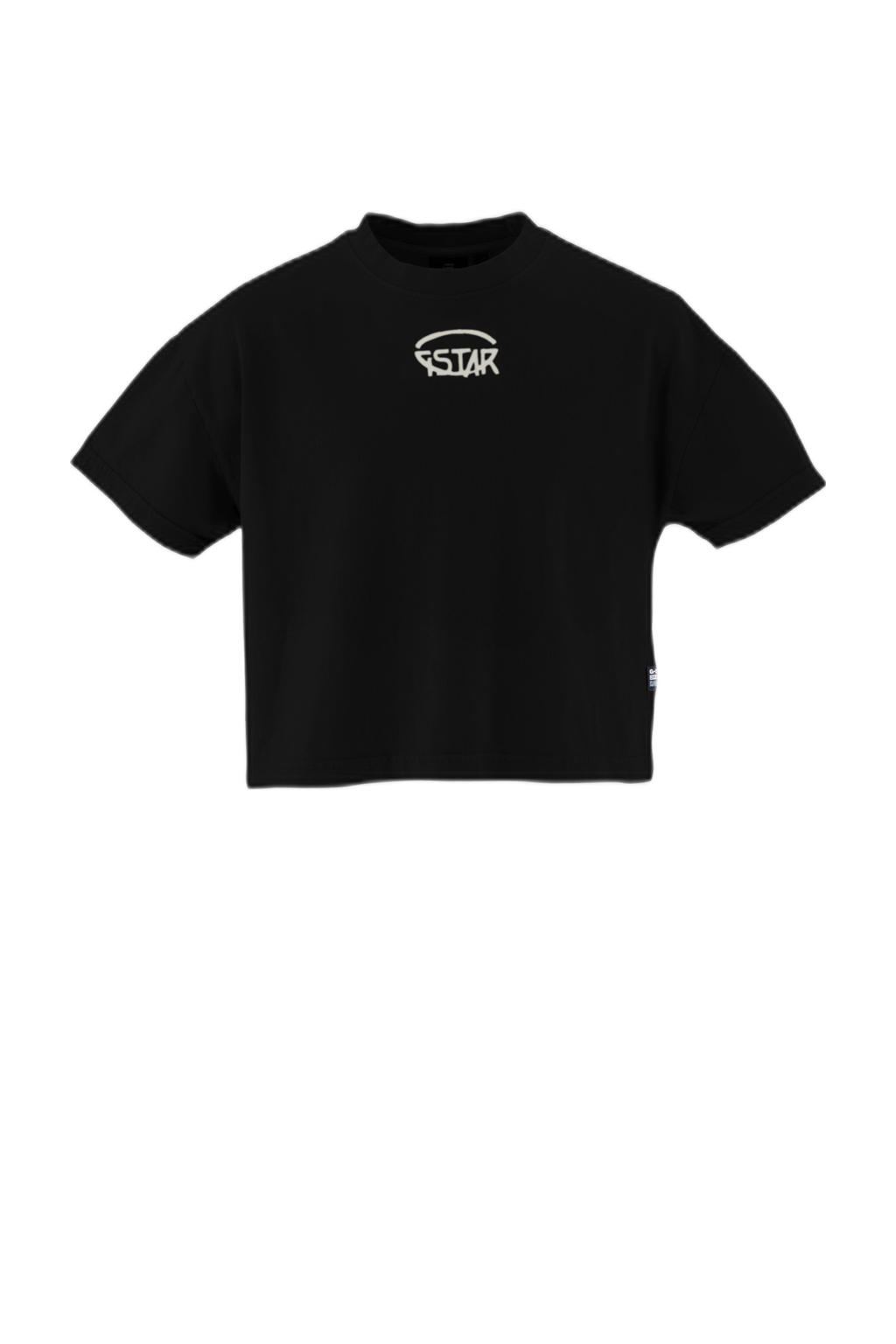 Zwarte meisjes G-STAR T-shirt van katoen met tekst print, korte mouwen en ronde hals