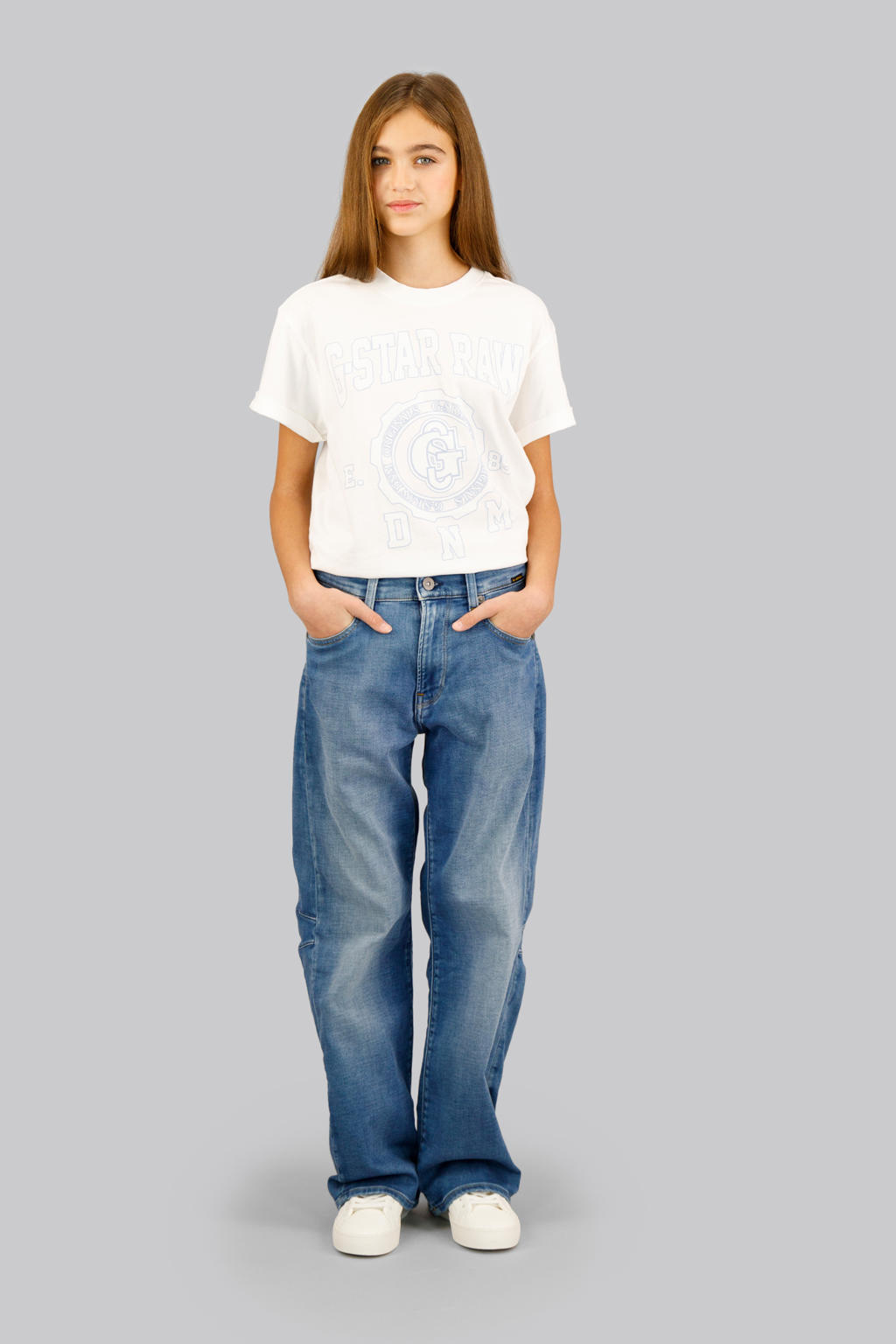 Witte meisjes G-STAR T-shirt van katoen met printopdruk, korte mouwen, ronde hals en omslagdetail