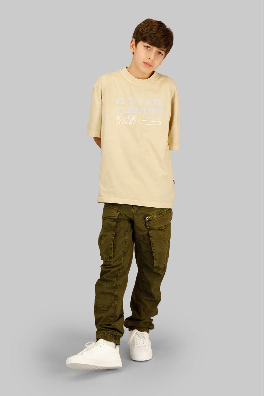 Beige jongens G-STAR T-shirt van katoen met printopdruk, korte mouwen en ronde hals