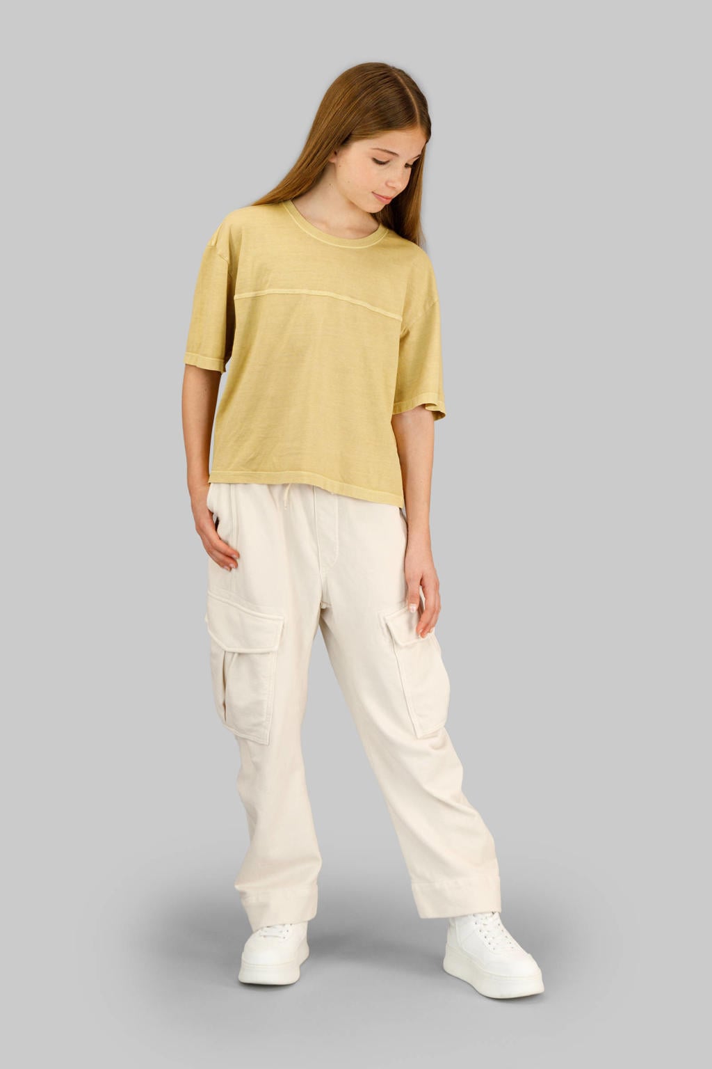 Gele meisjes G-STAR T-shirt van katoen met effen, korte mouwen en ronde hals