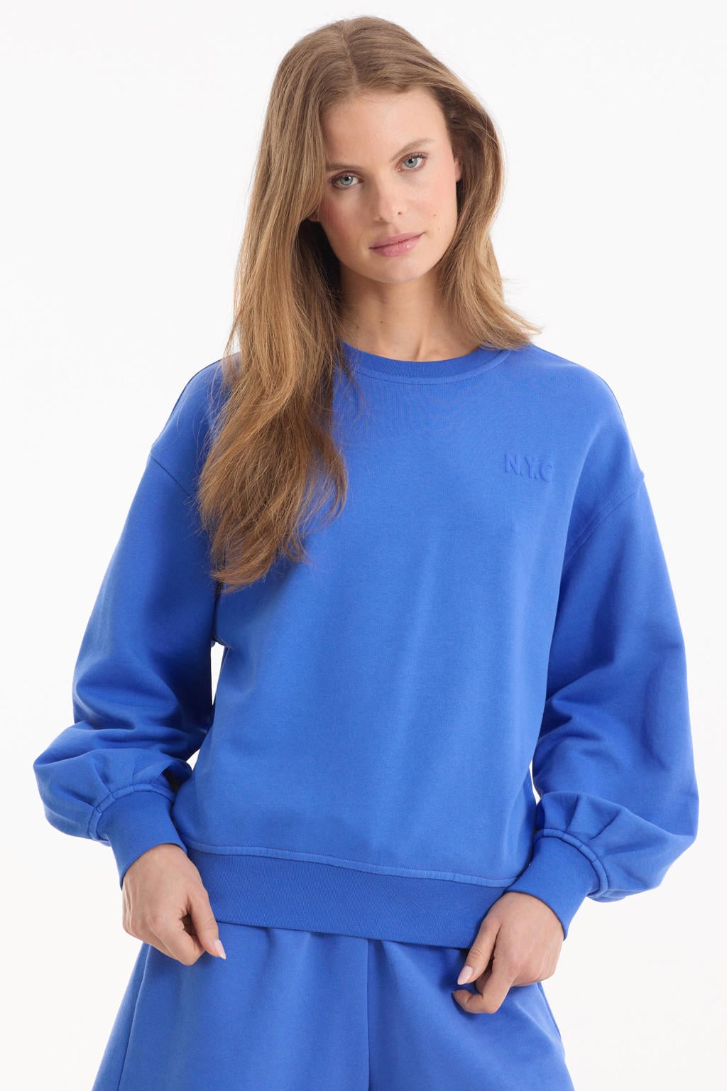 Blauwe dames Anytime sweater van katoen met effen, lange mouwen en ronde hals