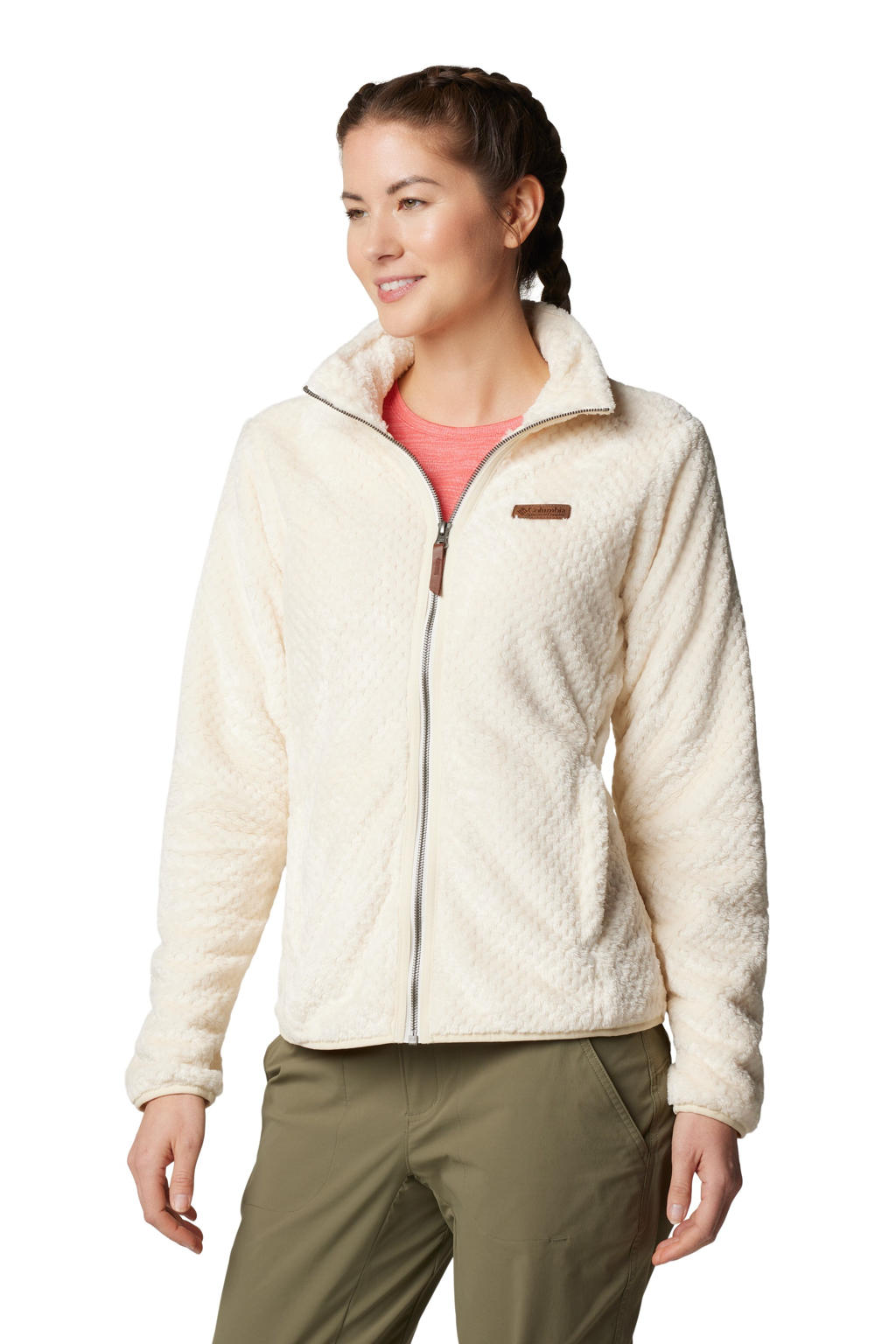Beige dames Columbia fleece vest Fire Side II met lange mouwen, opstaande kraag en ritssluiting