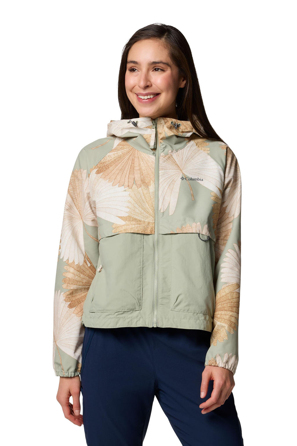 Groene dames Columbia outdoor jas van polyester met bloemenprint, lange mouwen, capuchon en ritssluiting