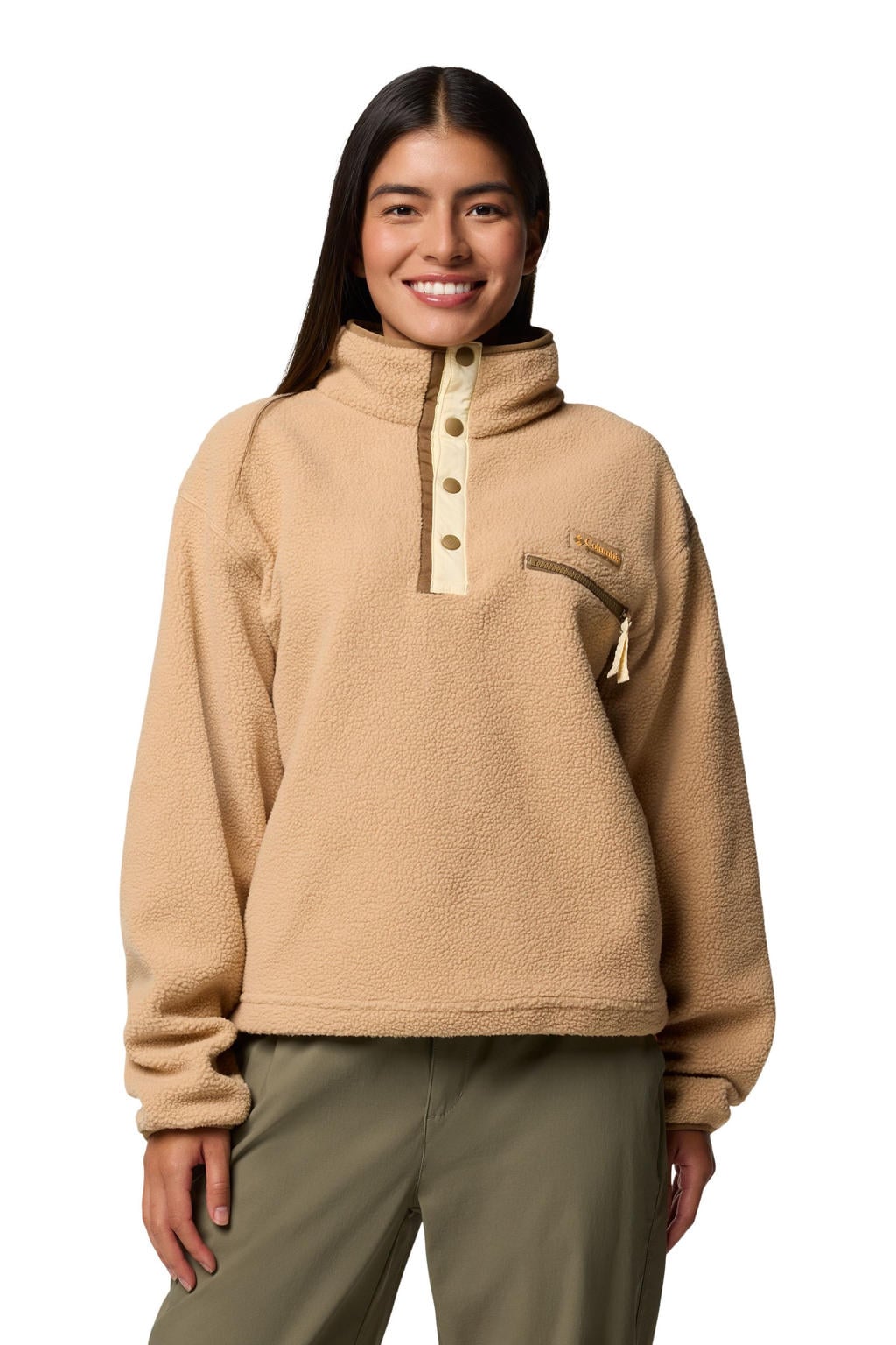 Lichtbruine dames Columbia fleece trui Helvetia II met lange mouwen, opstaande kraag en drukknoopsluiting