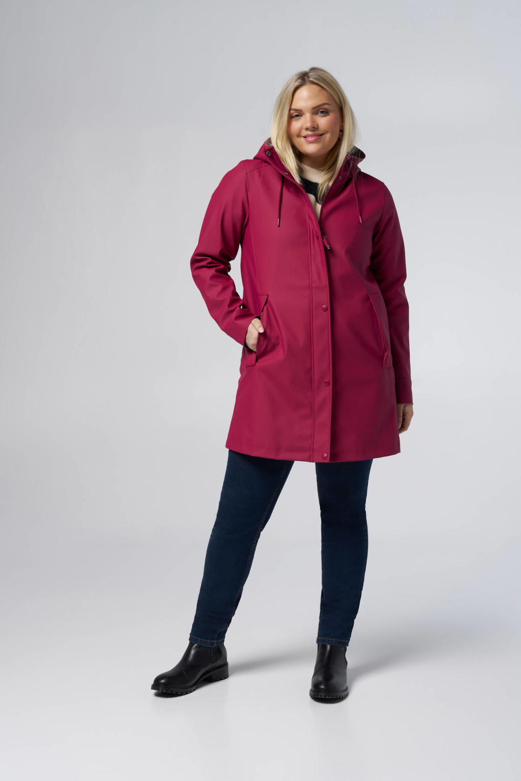 Fuchsia dames MS Mode regenjas van polyester met effen, lange mouwen, capuchon en knoopsluiting