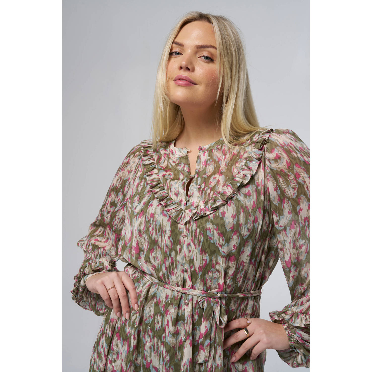 MS Mode midi jurk met lurex kaki