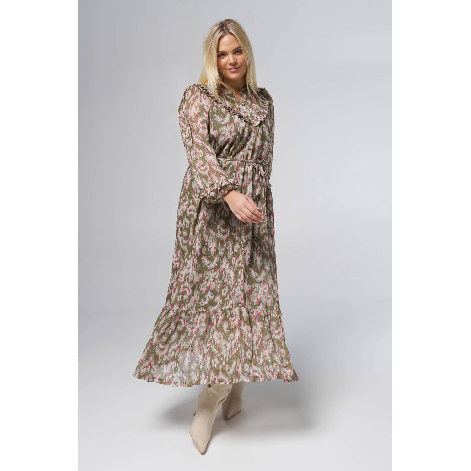 MS Mode midi jurk met lurex kaki