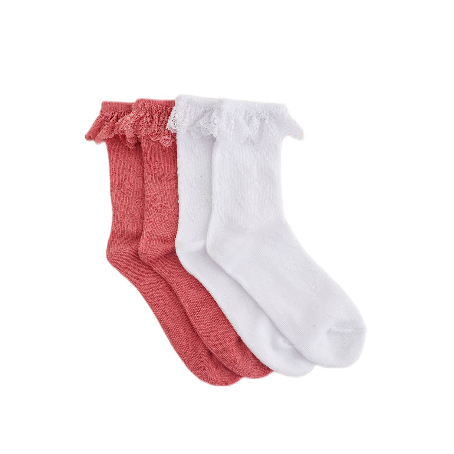 WE Fashion sokken met ruches set van 2 koraalroze wit