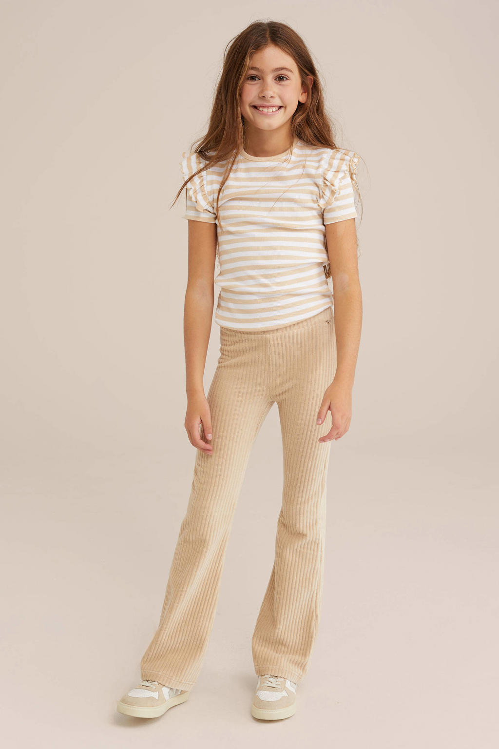 Beige meisjes flared broek van corduroy met regular waist, elastische tailleband en effen