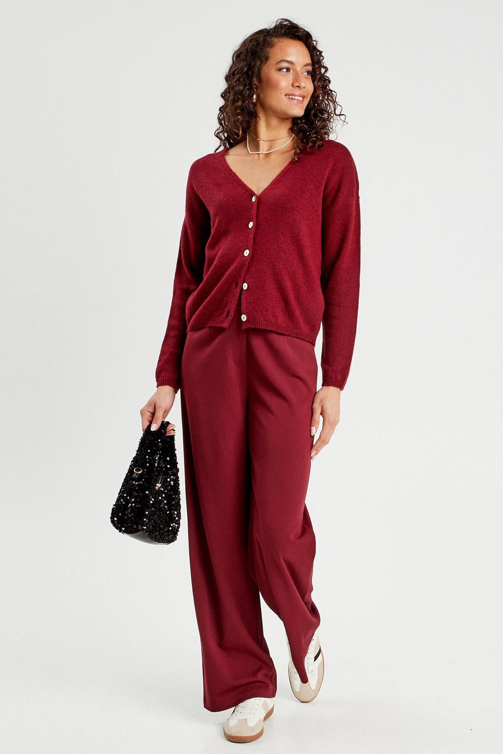 Roodbruine dames Cache Cache wide leg high waist pantalon bruin met rits- en knoopsluiting en effen