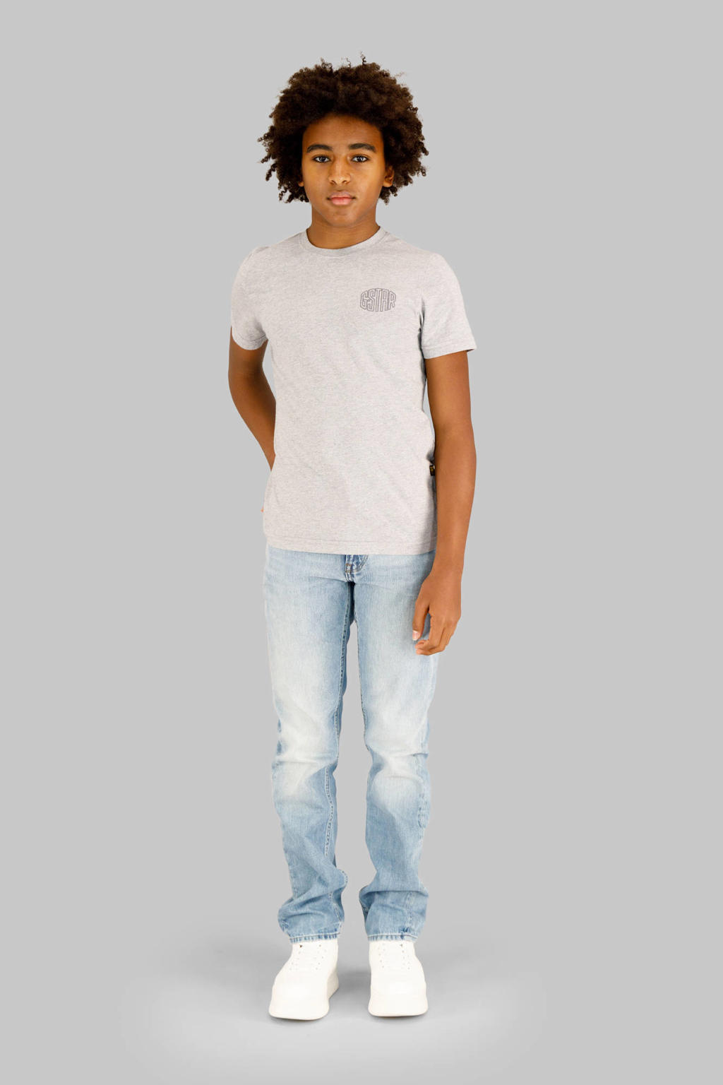 Light blue denim jongens G-STAR straight leg jeans van katoen met rits- en knoopsluiting en effen