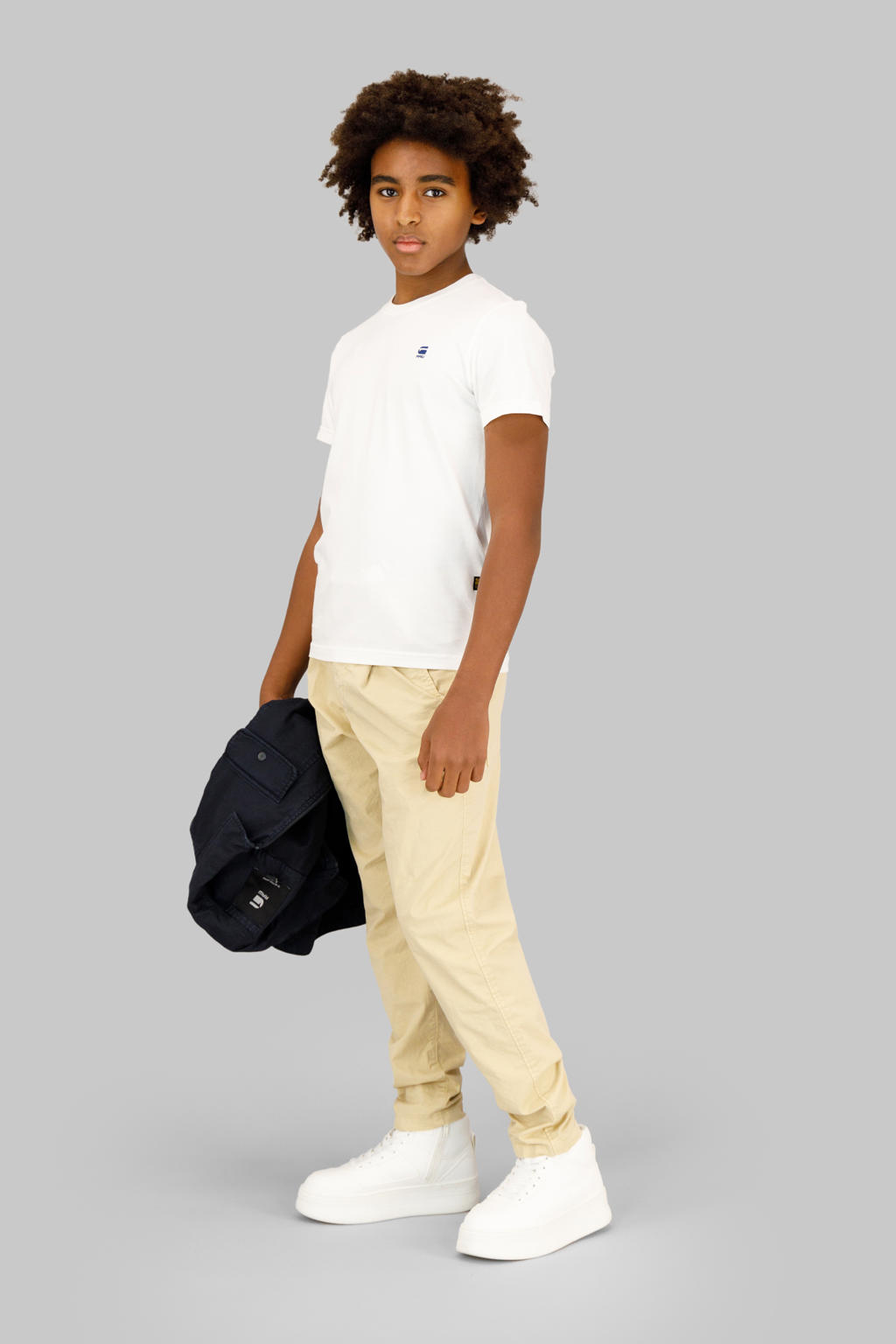 Kakikleurige jongens G-STAR tapered casual broek van stretchkatoen met high waist, rits- en knoopsluiting en effen