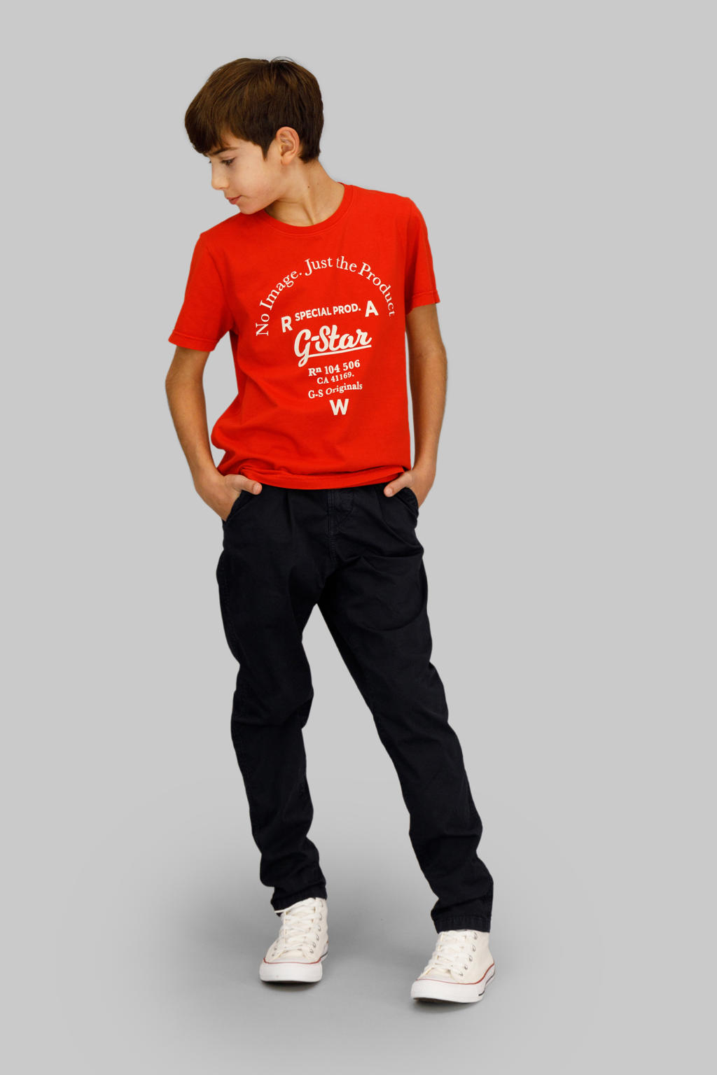 Donkerblauwe jongens G-STAR tapered casual broek van stretchkatoen met high waist, rits- en knoopsluiting en effen