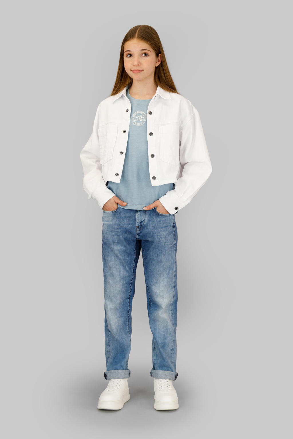 Witte meisjes G-STAR blouse van katoen met effen, lange mouwen, klassieke kraag, drukknoopsluiting en plooien