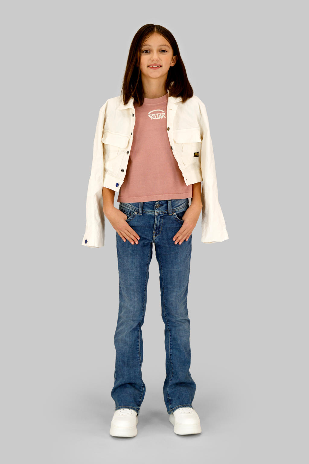 Medium blue denim meisjes G-STAR bootcut low waist flared jeans van denim met rits- en knoopsluiting en effen