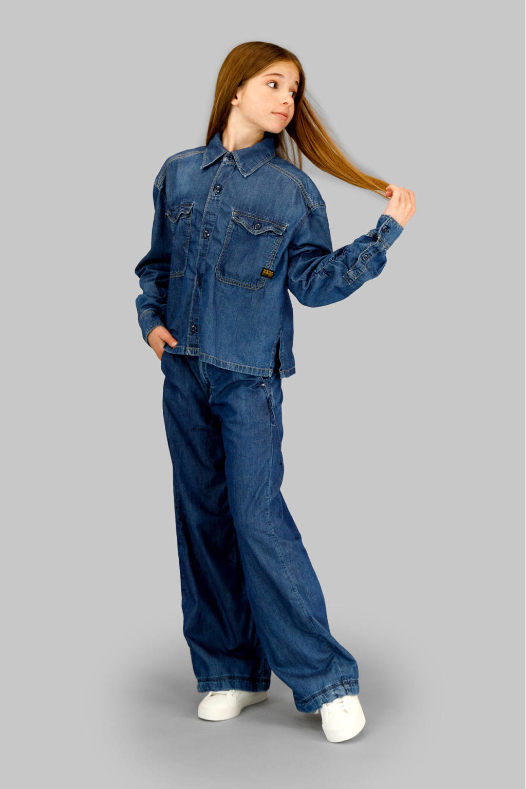 Medium blue denim meisjes G-STAR blouse van denim met effen, lange mouwen, klassieke kraag, knoopsluiting en plooien