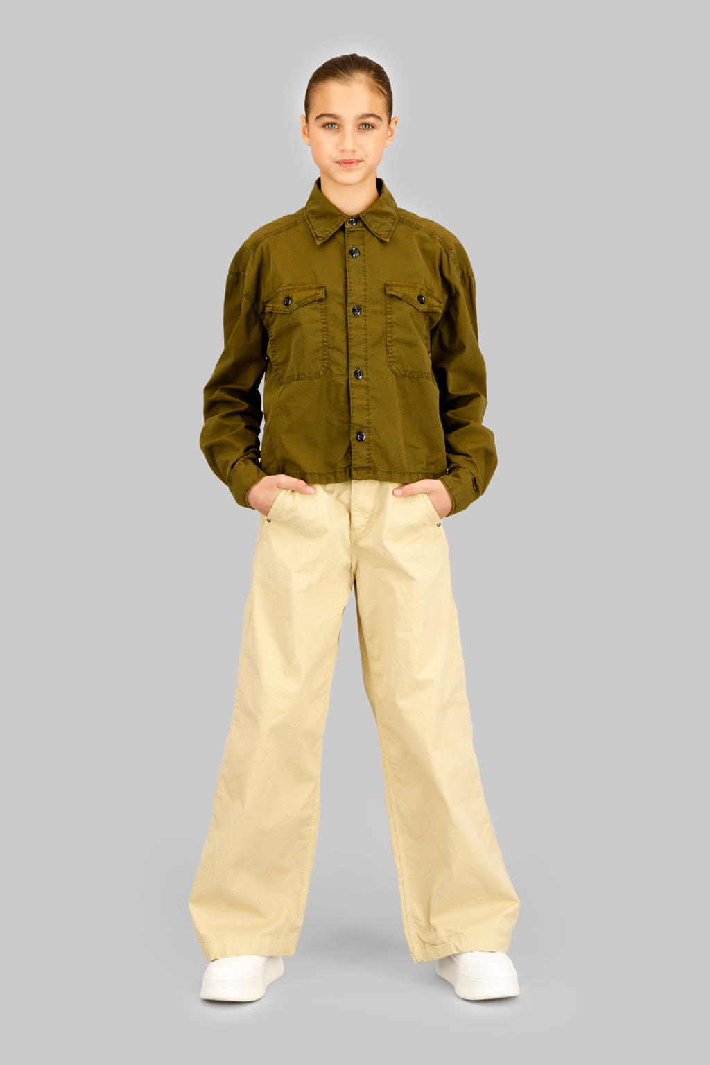 Kakikleurige meisjes G-STAR loose casual broek van stretchkatoen met high waist, rits- en knoopsluiting en effen
