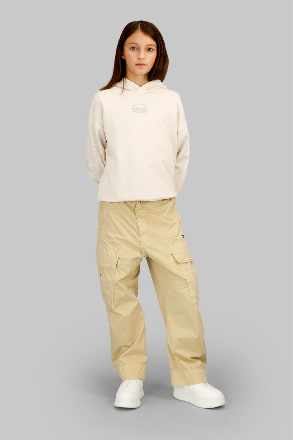 Kakikleurige meisjes G-STAR relaxed cargobroek van stretchkatoen met high waist, rits- en drukknoopsluiting en effen