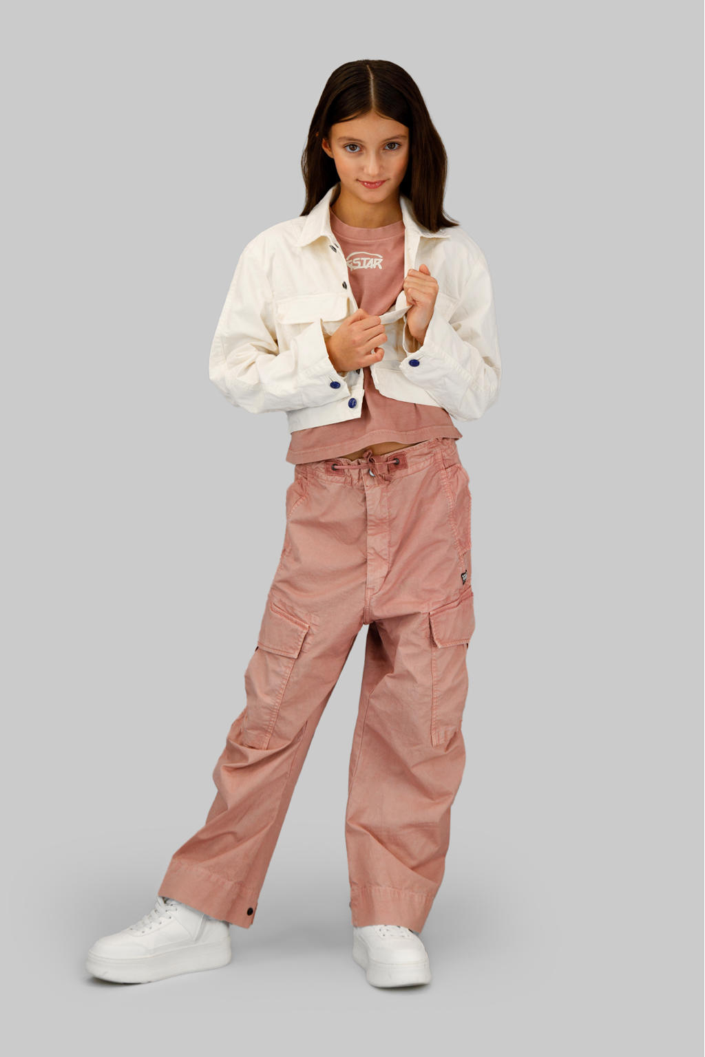 Roze meisjes G-STAR relaxed cargobroek van stretchkatoen met high waist, rits- en drukknoopsluiting en effen